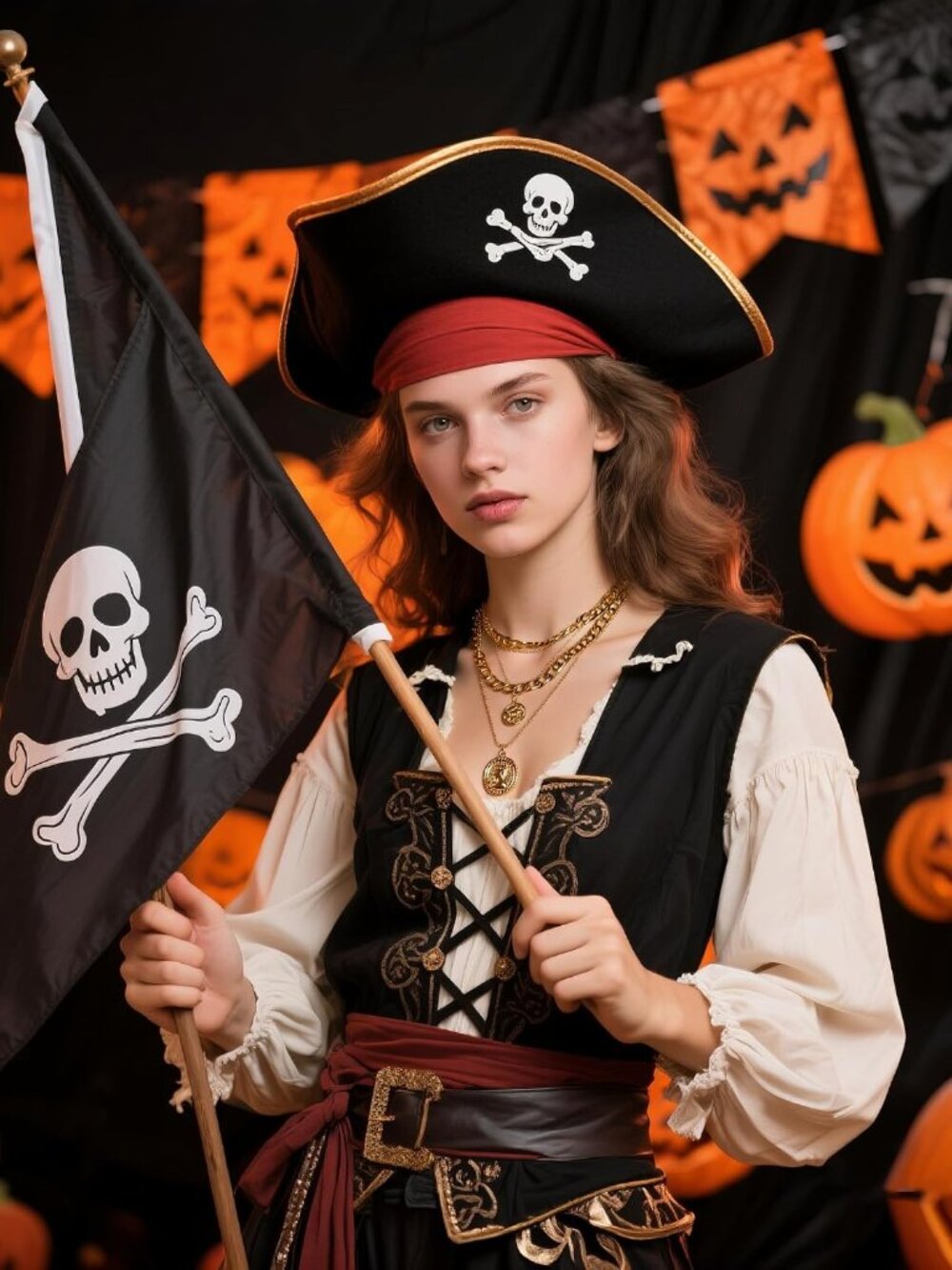 Retro Gold Pirate Layered Necklace with Coin Pendant - Picture 2 of 6